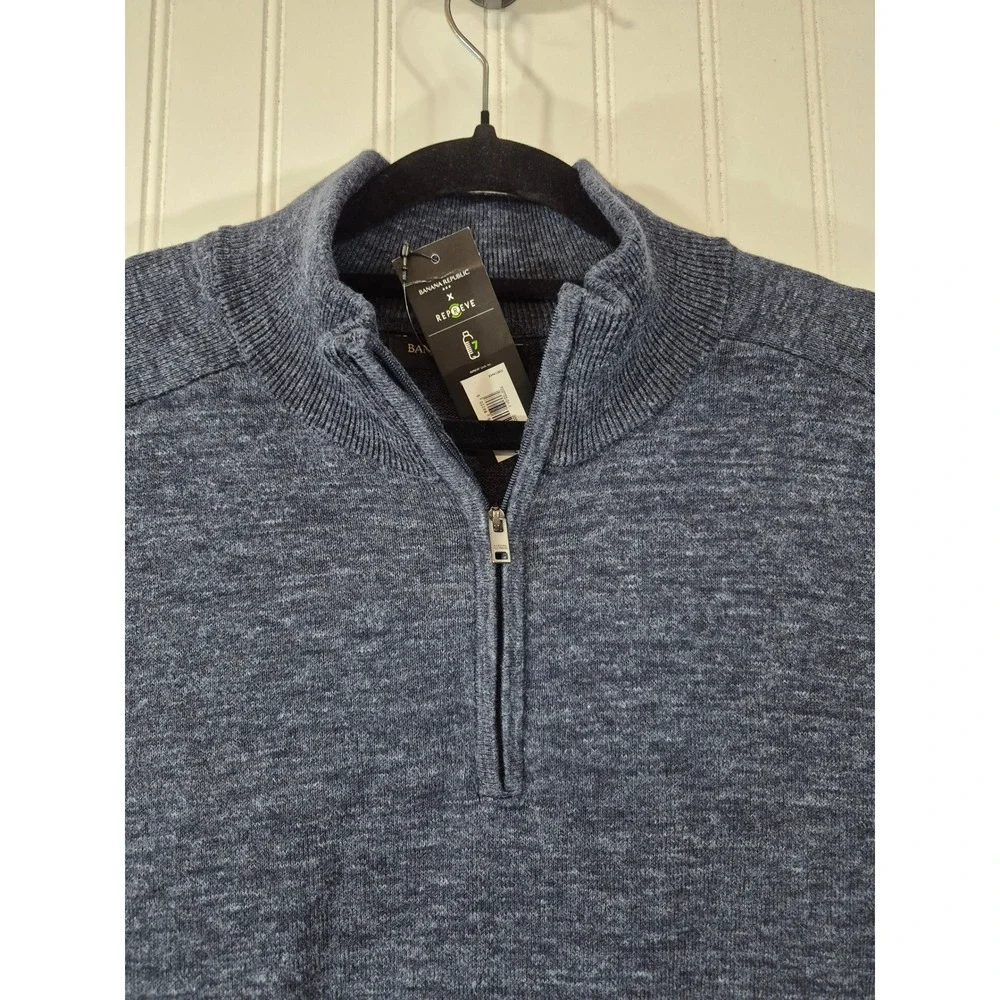 NEW Banana Republic Mens Navy Blue Marl 1/4 Zip Cotton Blend Sweater Large